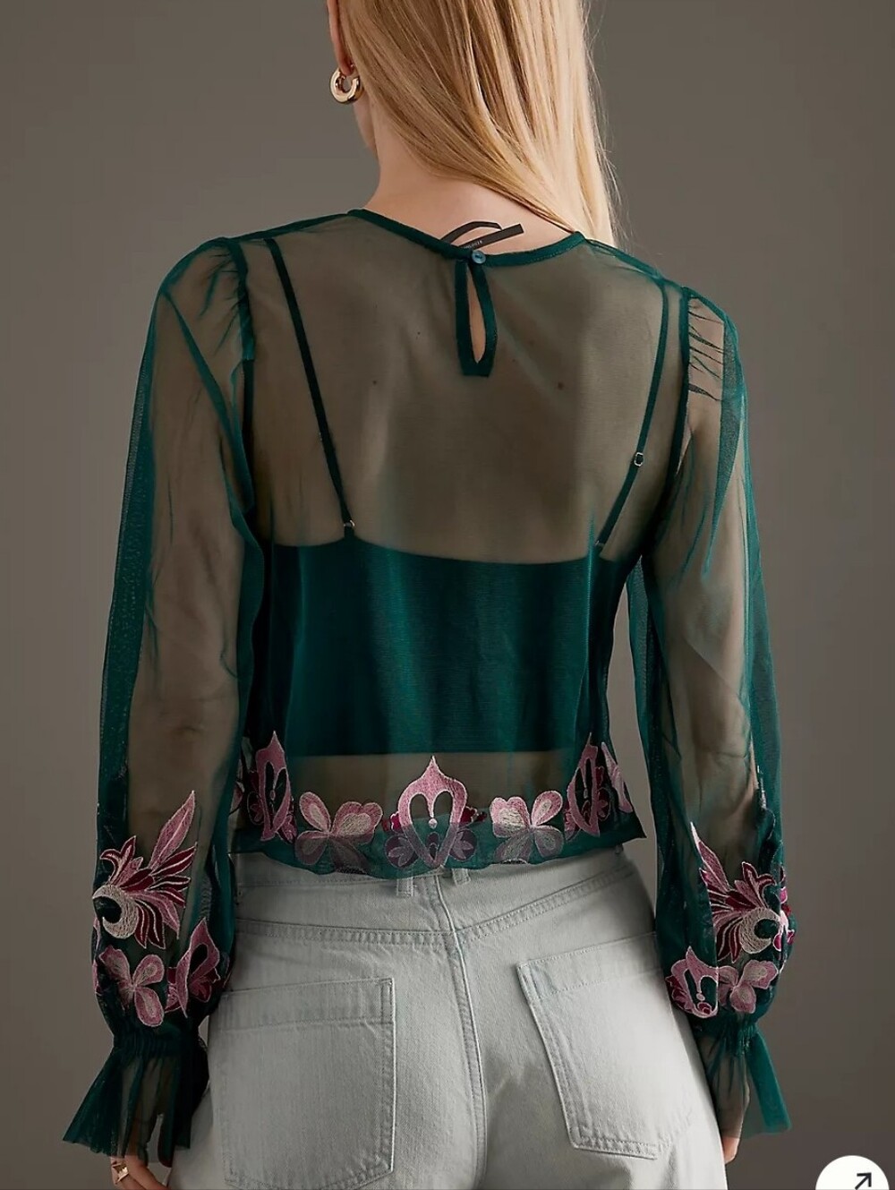 BY ANTHROPOLOGIE LONG-SLEEVE EMBROIDERED SHEER MESH GREEN PINK TOP SMALL NWT - Picture 13 of 14